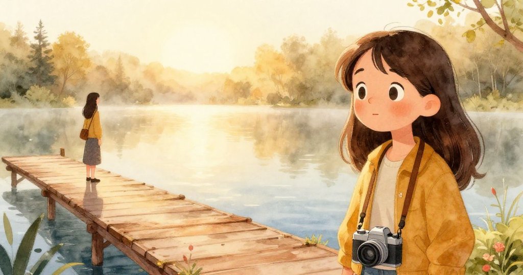 在晨霧中，柔和金光映照湖面，米拉背景中靜靜等待，營造出溫暖平和的季節氛圍。