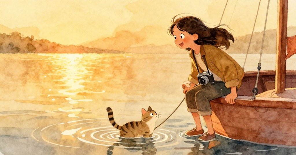 在溫暖夕陽下，米拉攀上小舟，旁邊有條斑紋貓，她用相機捕捉湖面閃爍光影，充滿快樂氛圍。