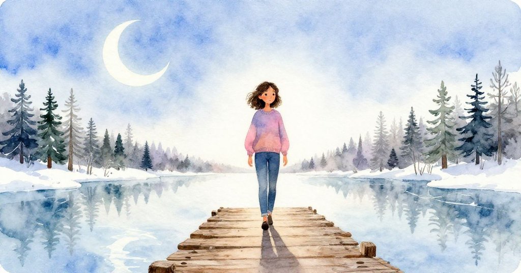 馬麗娜在薄暮中走上古老的木橋,背後月牙和閃爍湖面映出她堅定的背影,充滿夢幻與探險感。