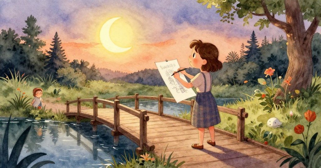 馬麗娜的手正輕柔展開折疊凳,溫柔觸摸木質橋板與飄動畫紙,展現專注細膩的創作瞬間。