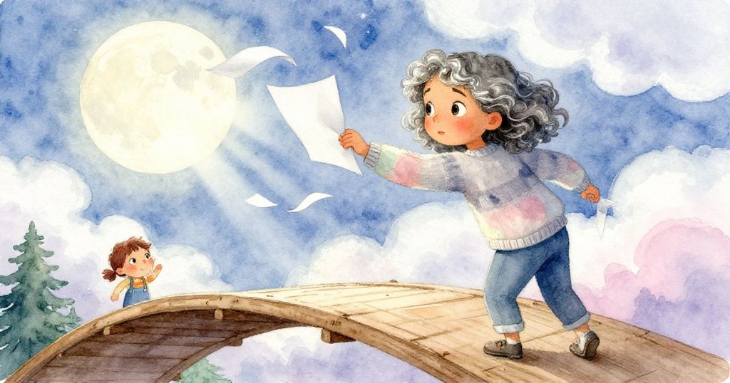 從低角度看見馬麗娜用手壓住飛舞畫紙,腳下木橋隨風搖擺,天空中朦朧月光交織自然情懷。