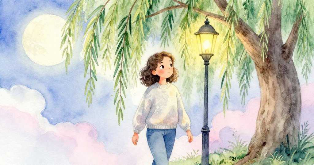 馬麗娜在垂柳下尋求寧靜,隨時間流轉燈光閃爍映出朦朧月色和自然變幻情景,充滿期待。