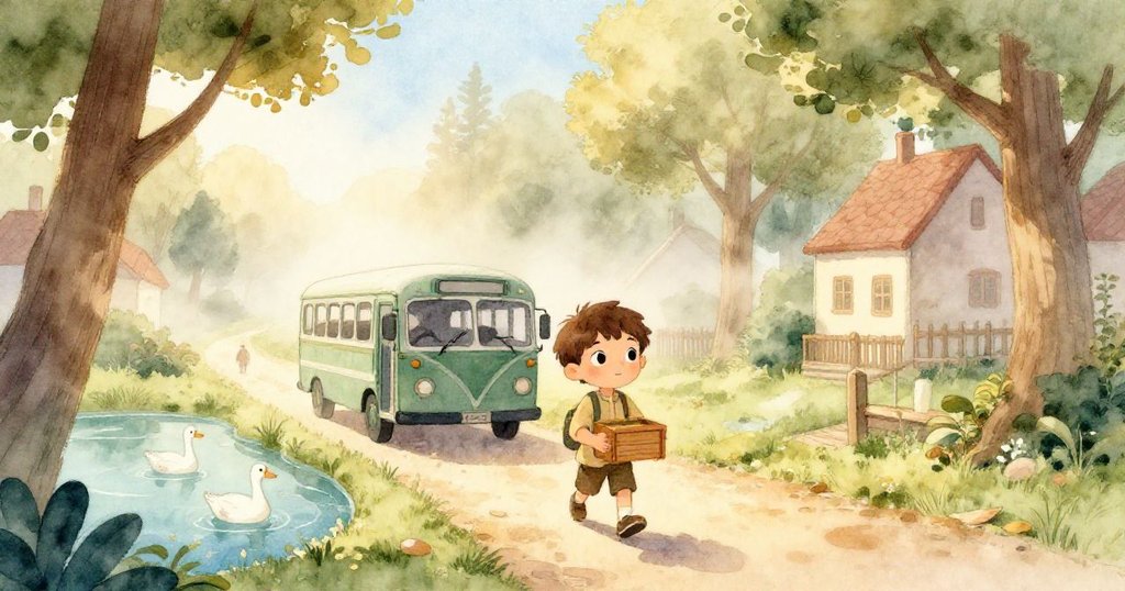 米洛在晨霧中從公車上下車，手抱著木箱，背景有柔和晨光、村莊和水邊的鵝，表情堅定，故事開始。