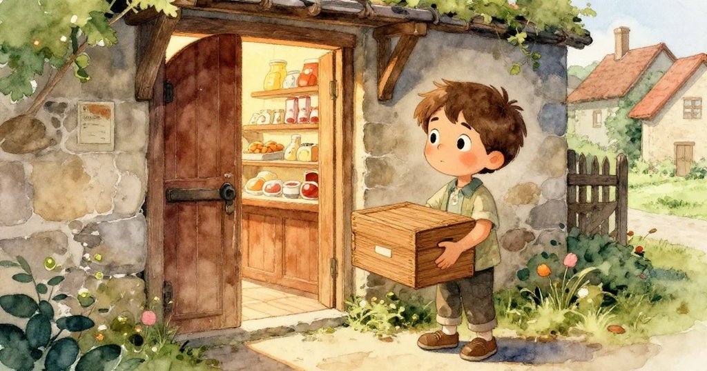 米洛走過老舊麵包店門口，輕撫著木箱，溫暖香料氣息瀰漫，背景呈現風化石牆，情節展開。