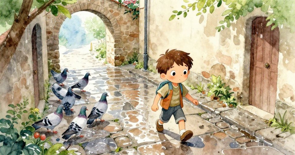 米洛在濕潤石板路上小心躲避鴿子，從高角度看見鴿子在拱門附近啄食碎屑，環境有雨後光影。