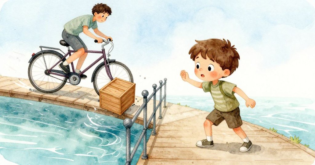 米洛在窄橋上遇到突然轉向自行車，木箱滑動碰撞鐵欄杆，水面泛起漣漪，神情驚訝，情節轉折。