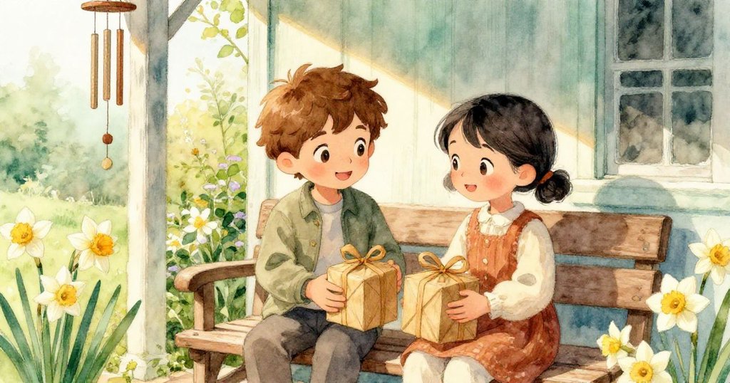 米洛與瑞雅在鄉村門廊相遇，笑容交流，共同展示木箱，庭院有水仙與風鈴，溫暖陽光映出新希望，故事完結。