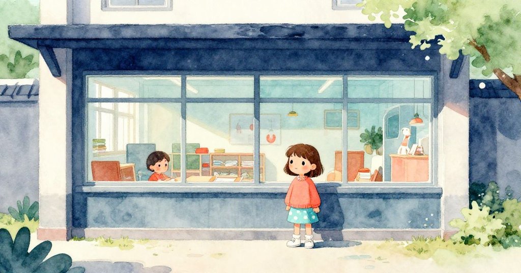 Mia站在午後溫暖光線中學校外觀前，窗內隱約顯示創意課室，充滿期待準備冬季動物展角。