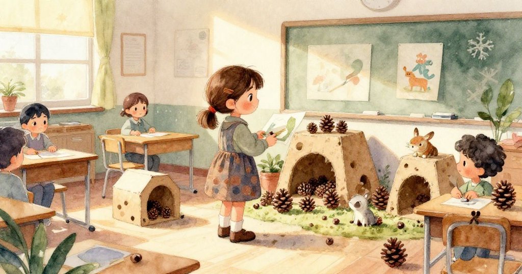 Mia的腳穿著珍珠白鞋子在課室地板上邁步，踏過散落棉絮、紙板與黏膠，展現忙碌創作精神。