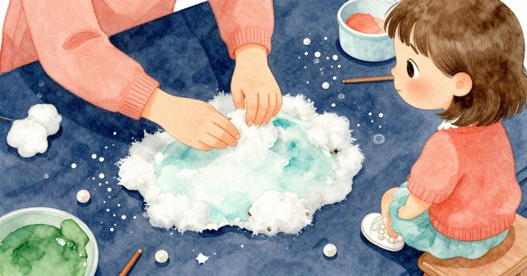 從上方俯視，Mia專注地用雙手塑造棉絮堆成小山，桌上散落膠水與破布，呈現細緻創作情景。