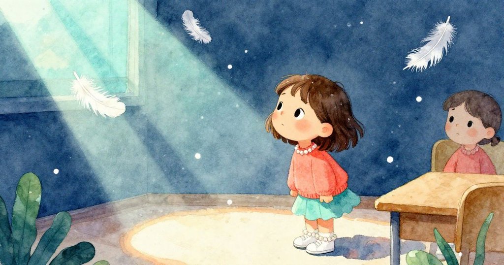 教室中光線透過窗灑下，Mia驚喜地看著紛飛如雪的羽毛，空氣彌漫著魔幻與寧靜氣息。