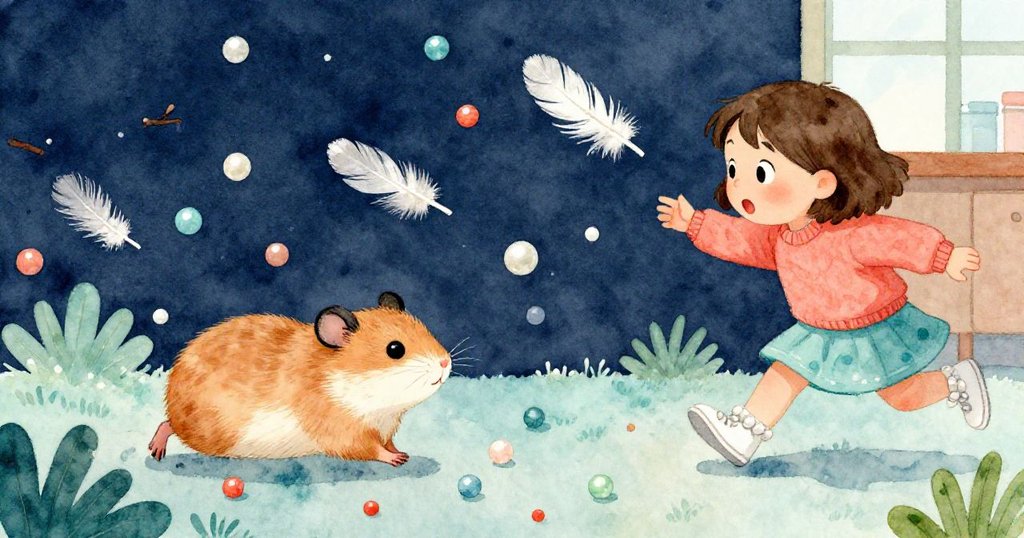 Pebble小倉鼠突然躍出散落珠子與樹枝，Mia追逐飄揚羽毛展露驚訝與忙亂，充滿玩趣與挑戰氣氛。