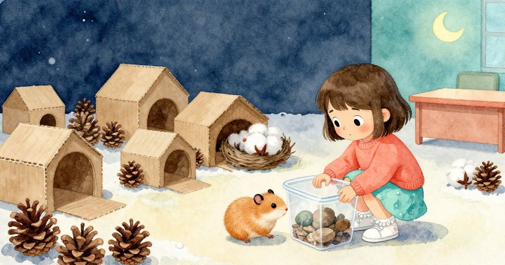 傍晚鐘聲響起，Mia微笑著將Pebble輕放進透明盒中，旁邊整齊排列松果、紙板洞穴與棉 nests，展現溫馨創造成果。