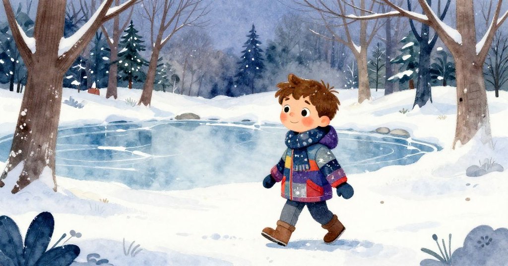 Milo 穿著鮮豔冬衣在冰凍湖邊踏雪前行,呼出的白霧在寒冷中徐徐升起,充滿期待與好奇。