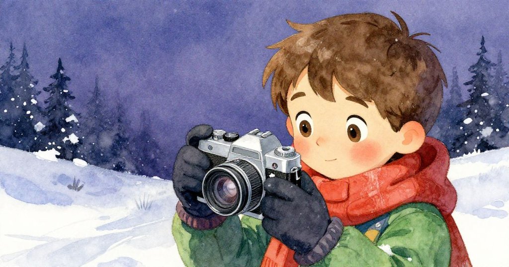 Milo專注操作相機,手中滑動著寒冷中閃著光澤的器材,背景隱約顯示積雪,表情充滿期待。