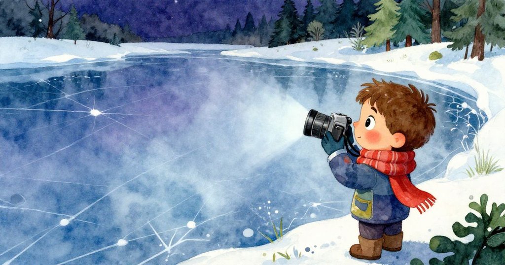 Milo站在冰凍湖邊,仰望反射藍光的冰面,舉起相機捕捉自然之美,心中滿是神秘與期待。