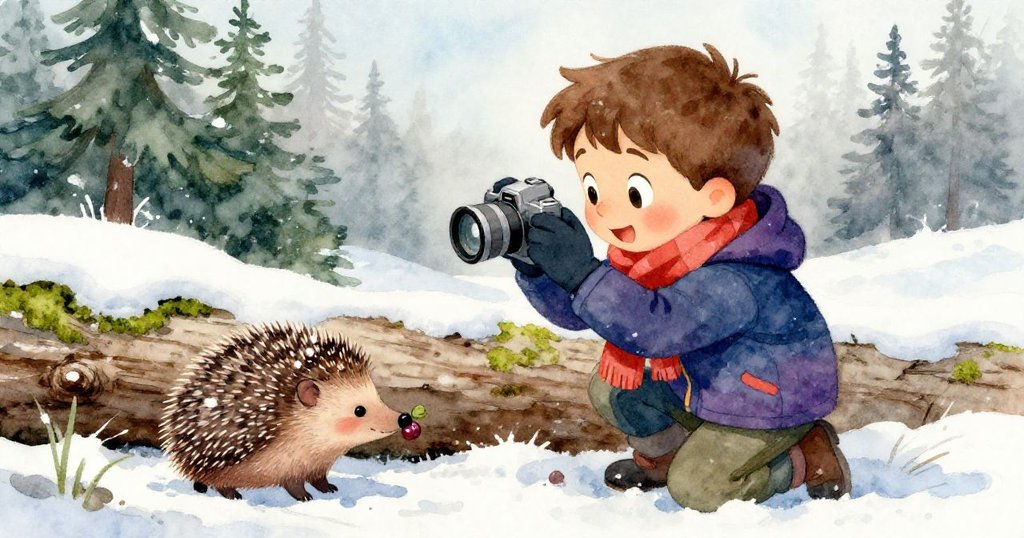 Milo躲在青苔樹幹後,興奮注視著雪中探出的刺蝟,捕捉到小動物輕觸莓果的溫馨瞬間,表情充滿驚喜。