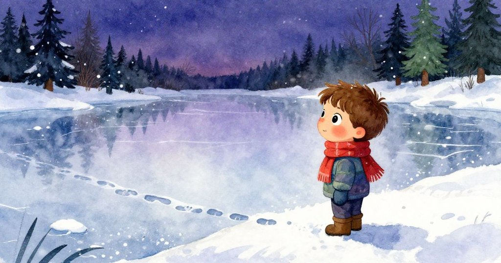 Milo靜靜站於冰凍湖邊,注視著被新雪覆蓋的足跡,雪花緩緩飄落,臉上流露出滿足與溫馨的微笑。