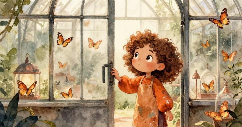 莉拉在晨光中開門進入充滿濃霧和蝴蝶溫室，展現出探索與期待的動感瞬間。