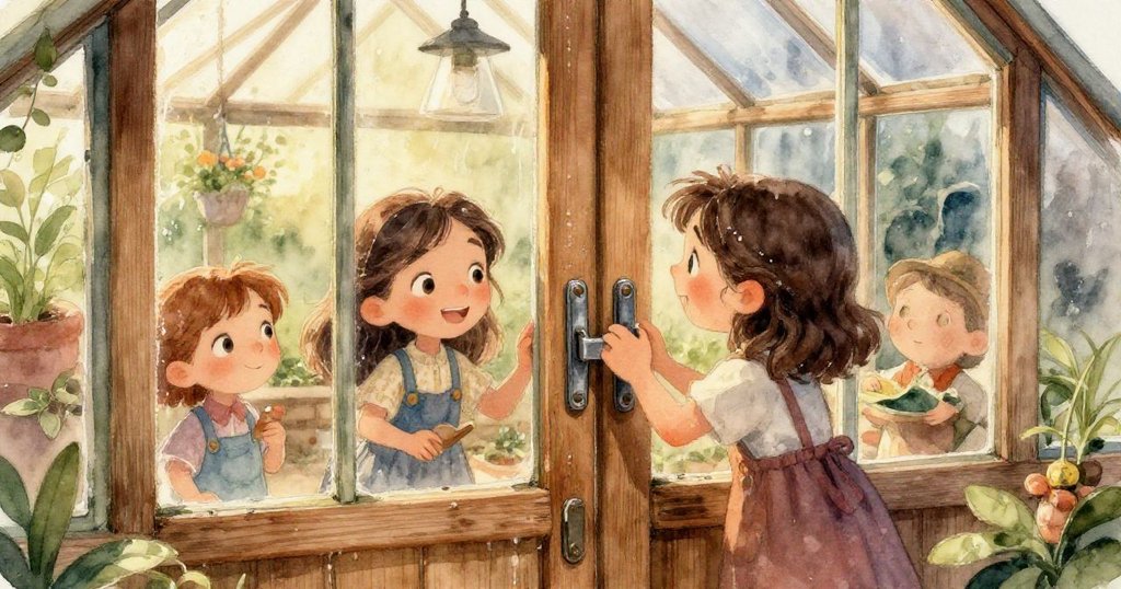 特寫畫面展現一條經歷時間洗禮的絲巾與掉落鉛筆，細膩地呈現出溫室內濕潤與記憶交織的情景。