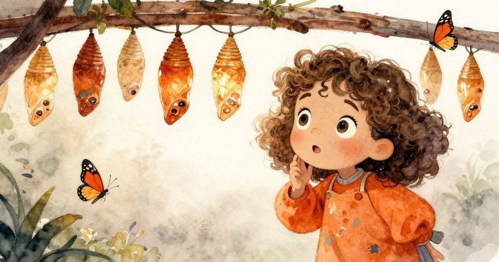 莉拉透過欄杆偷看蝶蛹變化，臉上充滿驚奇與喜悅，背景呈現柔和晨光與微妙霧氣。