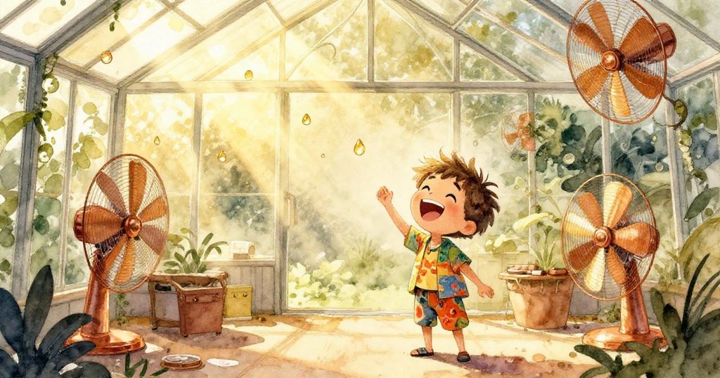 溫室中陽光透過霧氣灑下滴水，男孩歡笑著與光影互動，空氣中瀰漫著溫暖與動感。