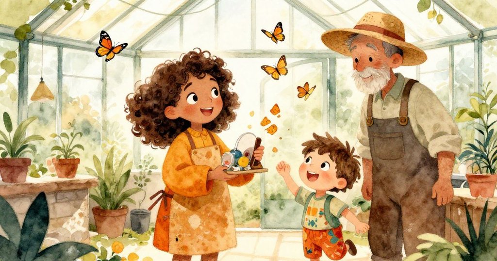 莉拉滿懷喜悅收回失物，與園丁和男孩共享重逢時刻，陽光普照下蝴蝶翩翩飛舞，畫面充滿溫暖與魔幻。