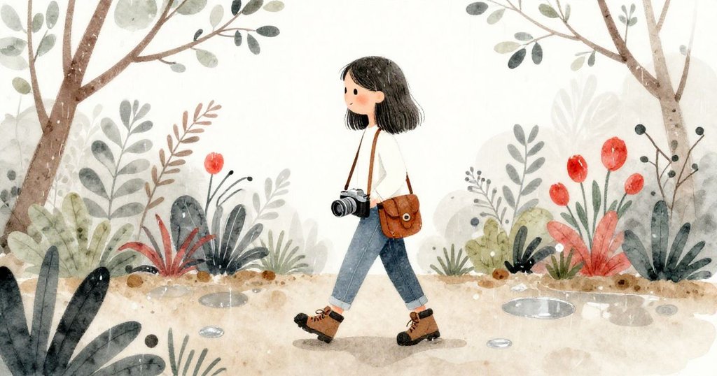 雨後晨曦映照濕枝銀灑，Elena 踏著濕土探索植物園，滿懷期待與活力，環境充滿自然生機。