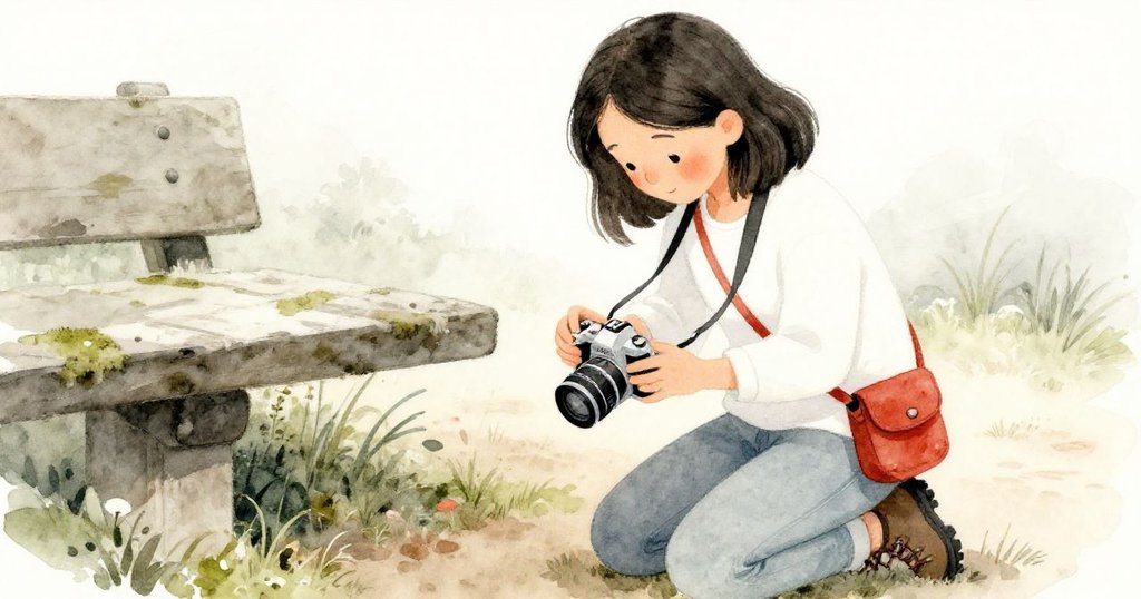 Elena 膝跪於苔蘚長椅旁，專注更換相機電池，雙手溫暖細緻，呈現自然與智慧的工作狀態。