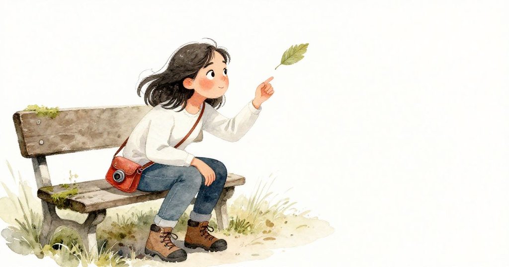 傾斜視角中Elena蹲坐於苔蘚長椅旁，注視旋轉落葉，露出好奇沉思表情，環境中充滿細膩自然動態。