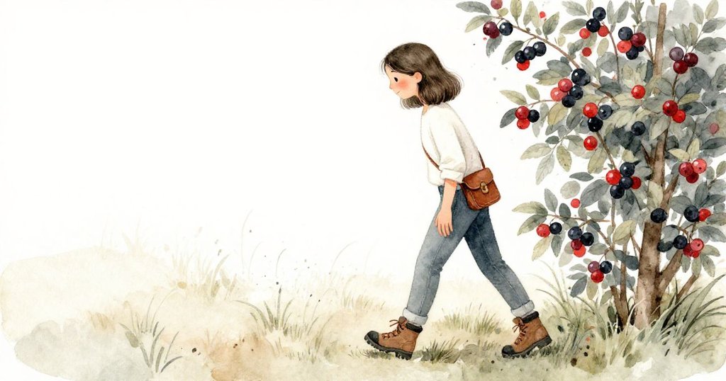 Elena 輕步至莓果籬笆前，轉頭傾聽草叢細語，驚喜與期待交織，逐步邁向未知自然空間。