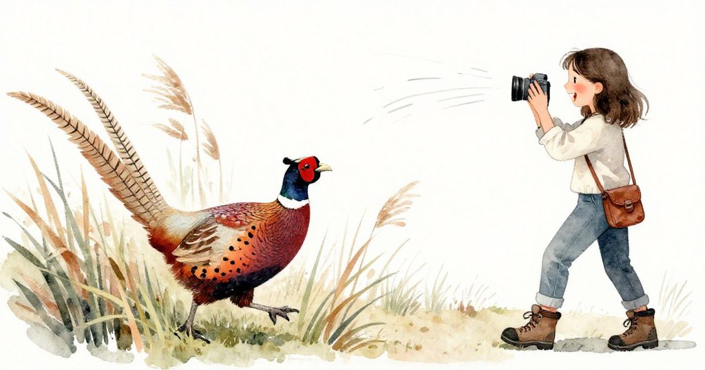 銅頸雉自蘆葦中展翅掠出，Elena興奮捕捉瞬間，動態軌跡與自然光交織出美妙追逐場面。