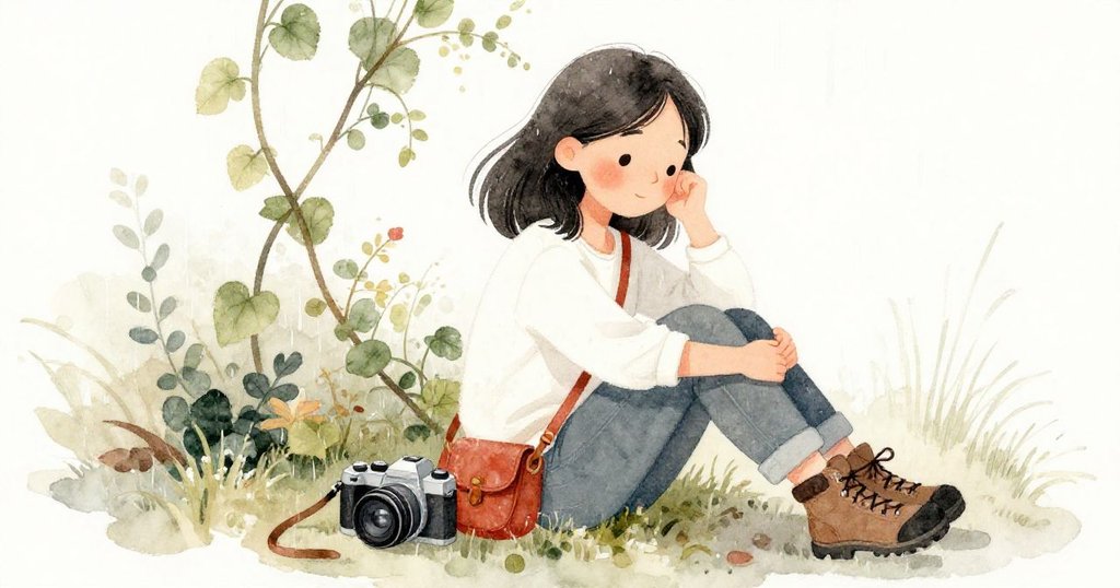 Elena 坐在藤蔓旁休憩，相機靜臥於地，臉上流露出平和滿足情感，收尾雨後寧靜美景。