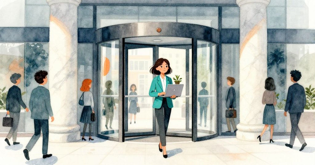 Lena 穩定地推著旋轉門，手臂上夾著筆電與常春藤，忙碌大廳背景，表情堅毅展開新挑戰。