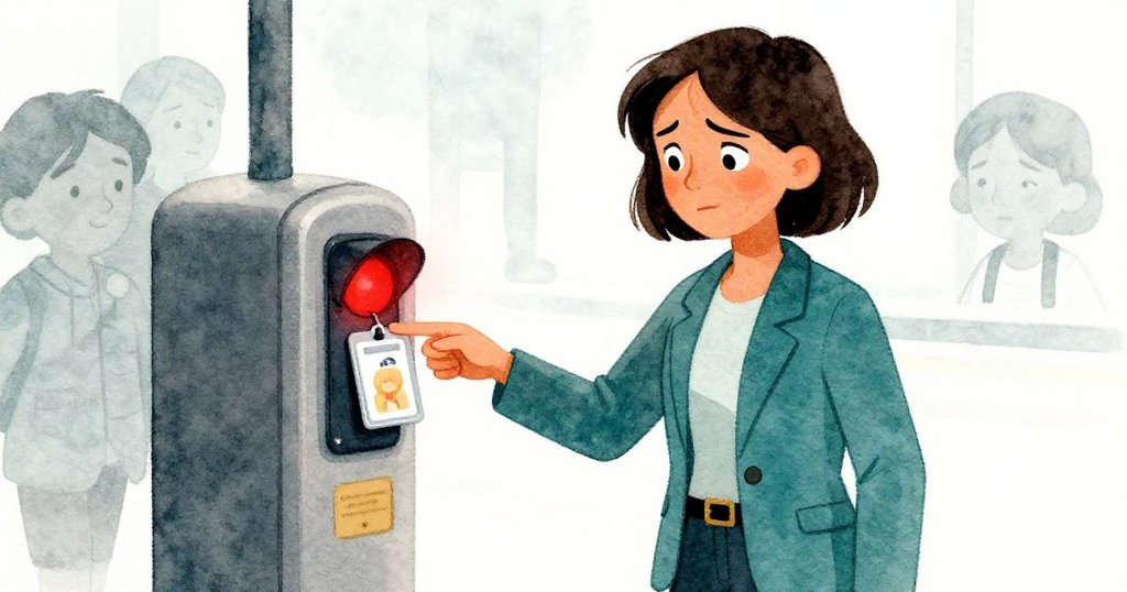 Lena 對著閃爍紅燈的掃描器輕觸識別證，臉上流露出疑惑，機器與現代裝潢交織出獨特視角。