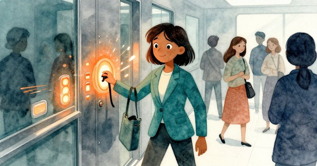 Lena 在電梯大廳中靈活躲避金屬門，背景燈光閃爍，忙碌人群與數位按鈕交織出活力瞬間。