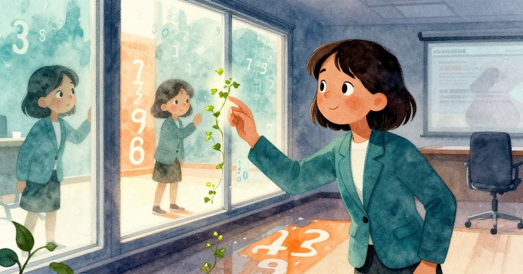 Lena 靈活轉向窗邊，用手指輕觸常春藤，陽光照射下數據在玻璃上翩躚，表情充滿決心。