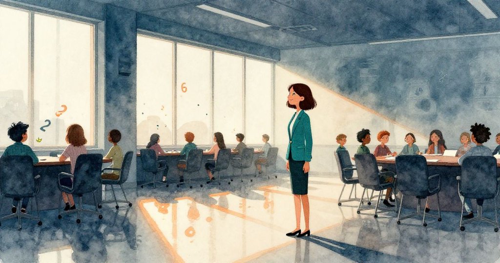 Lena 靜立窗邊沉思，背景數字在光影中舞動，閉市鈴聲低迴，隱含著未來無限可能。