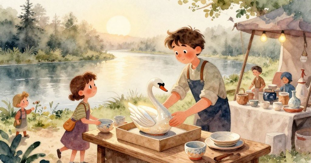 Milo專心地用手擺放陶鵝於架子上，近距離展示細膩觸感與晨光中溫暖的手工藝細節。