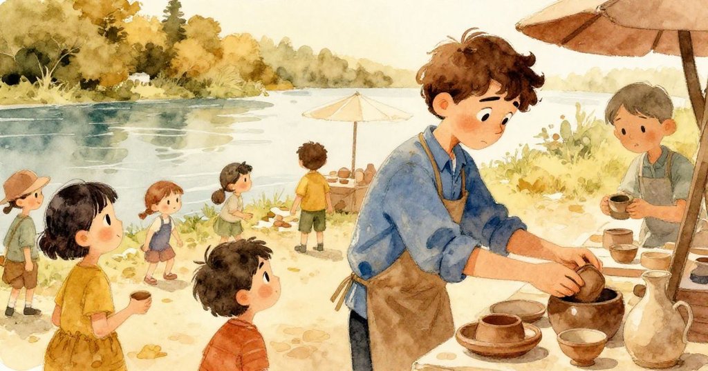 Milo在河畔攤位上忙著調整擺設，周圍好奇買家湧入，晨光中展現出市場即將熱鬧的瞬間。