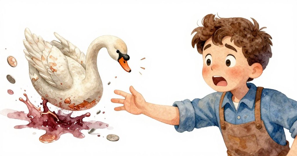 Milo面露驚慌急忙伸手阻止陶鵝滑落，破碎陶器與閃爍銀幣營造出高潮動作瞬間。