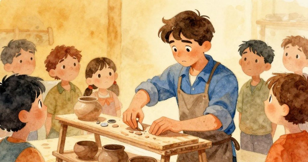 Milo蹲下來用備用木板穩住展示架，整理碎片和銀幣，攤位恢復平靜買家滿含好奇。