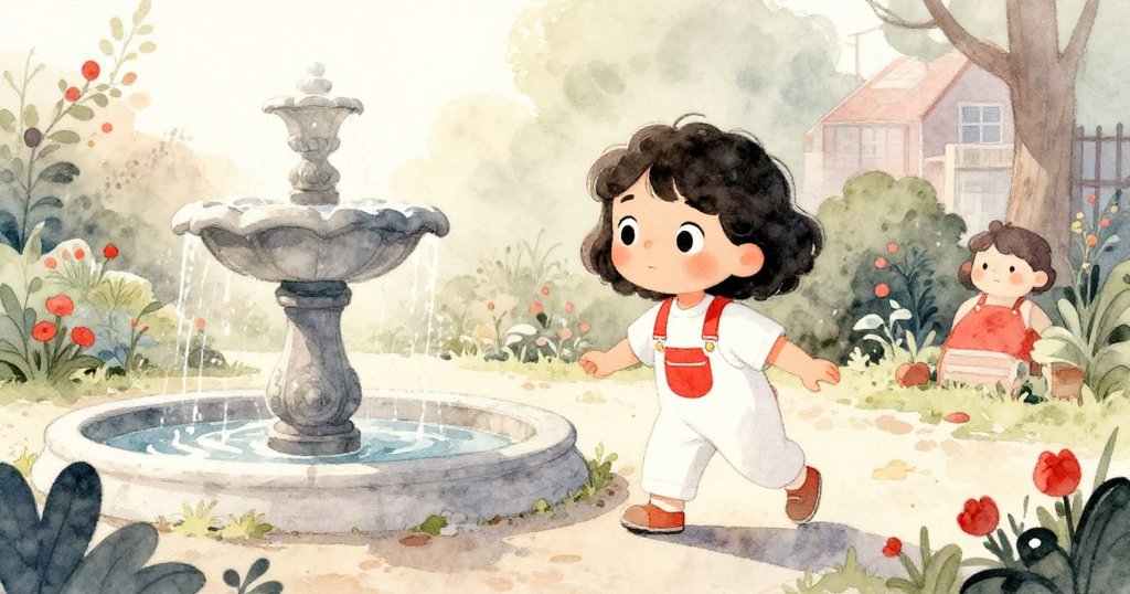 莉拉在黎明時分走進破舊社區花園,漫步於古老噴泉旁,臉上流露出好奇與堅定的神情。