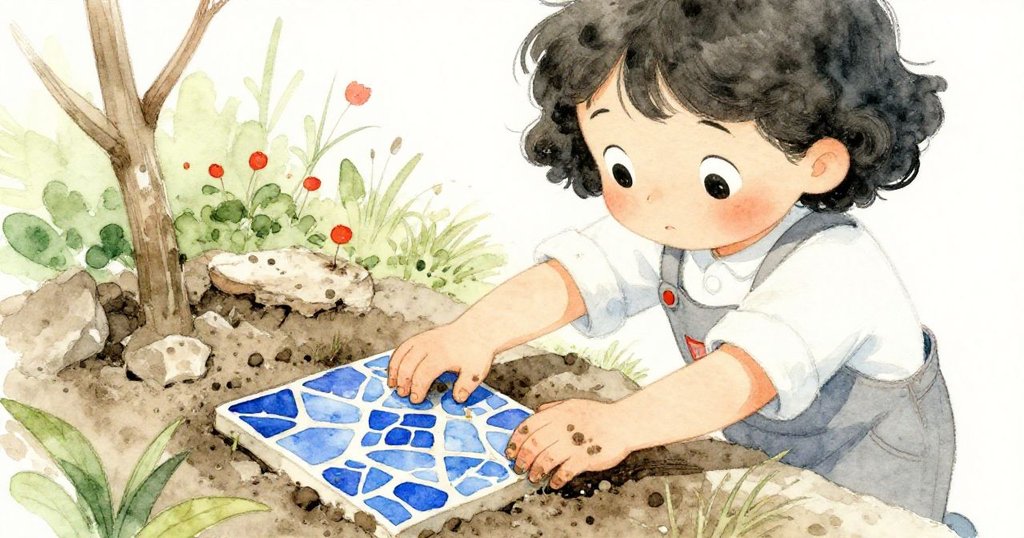 莉拉用沾泥的手輕觸藍色馬賽克瓦片,細緻泥土與瓦片紋理展現花園隱藏的秘密。