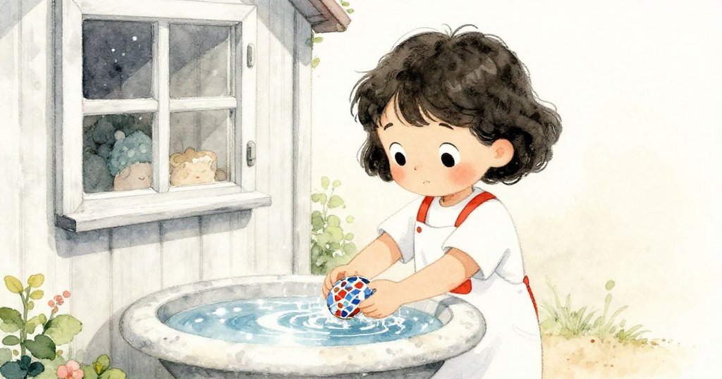 莉拉在鳥浴邊沖洗馬賽克碎片,窗外倒影中花園景致與她專注的神情交織呈現。