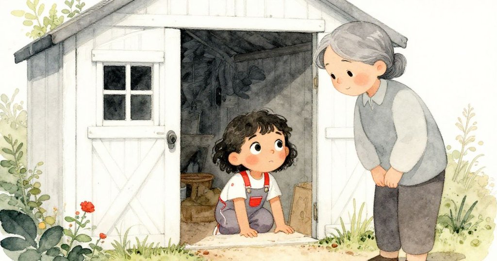 莉拉在花園小屋門前埋頭挖掘,護園人走近注視,落葉與光影交織彰顯堅定決心。