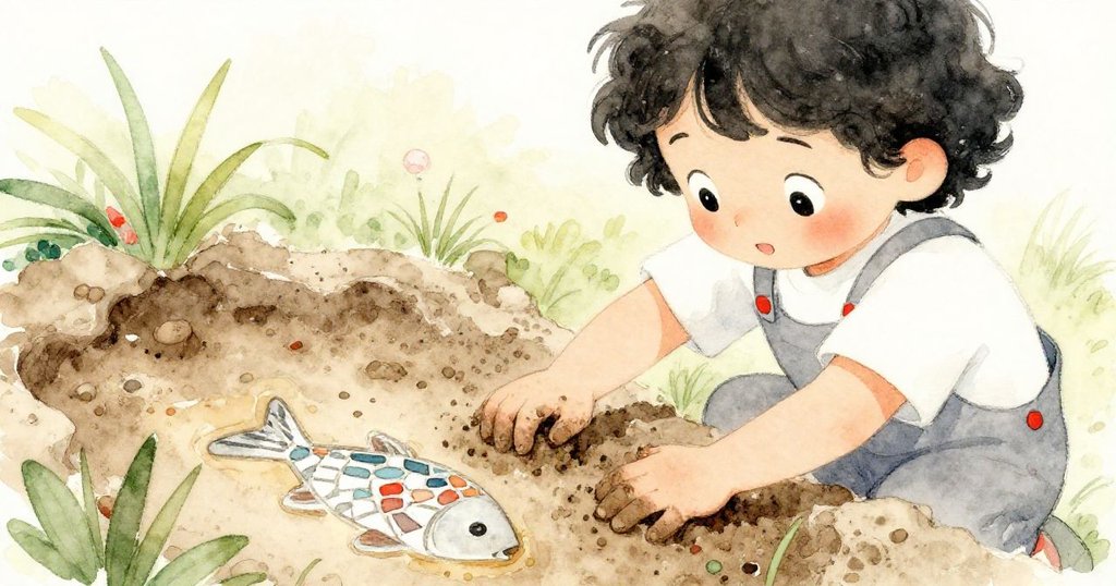 莉拉專注用指甲挖掘黏土,泥跡中逐漸呈現馬賽克魚圖案,展現堅毅與期待。