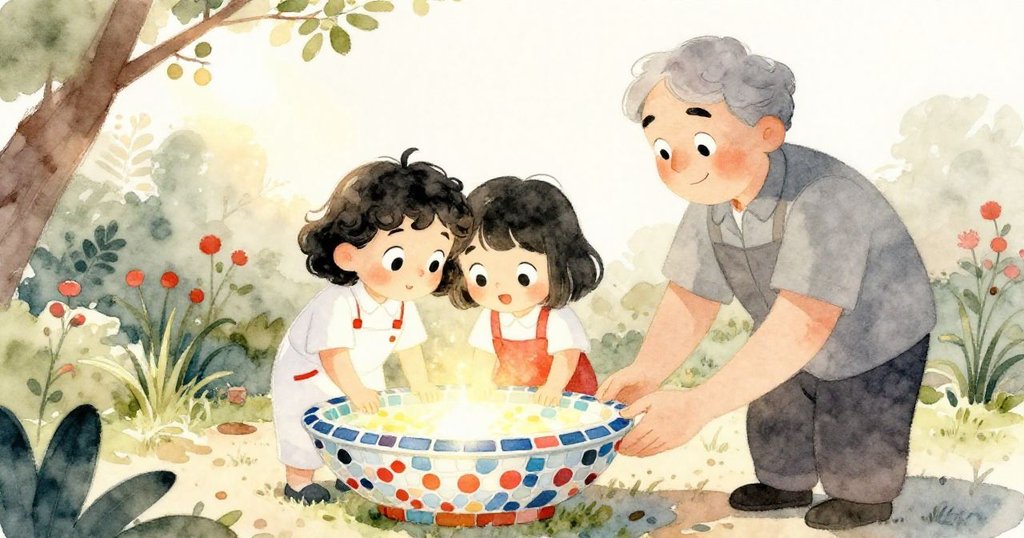 莉拉與護園人在金色陽光下欣賞恢復生機的馬賽克盆景,臉上流露驕傲與驚喜,花園煥然新生。