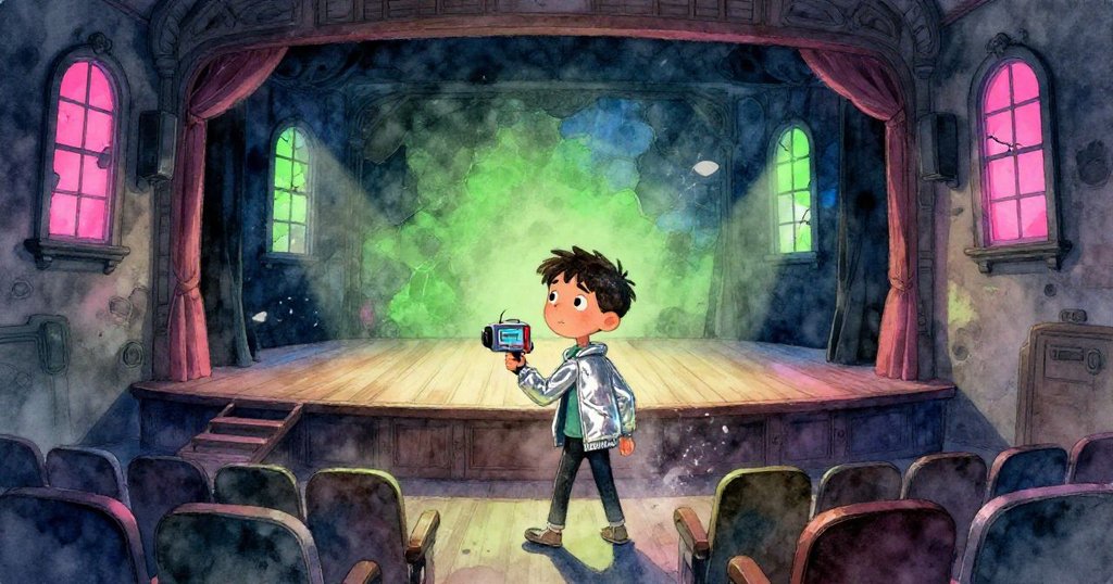 法比安走進老劇院，柔和燈光透過破窗灑落，他手持數位錄音機，表情謹慎，舞台古舊散落灰塵。