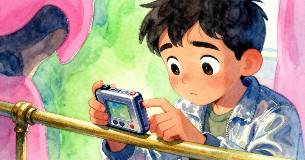 法比安靠在黃銅欄杆邊，專注端詳數位錄音機，眼中流露決心與驚奇，背景原劇院昏暗。